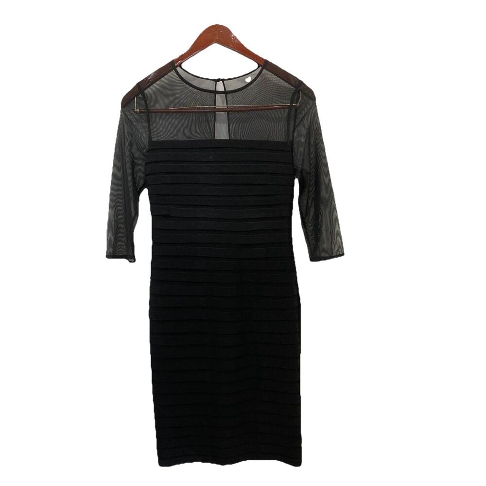 EUC Adrianna Papell Pleated Matte Jersey Sheer Upper 3/4 Sleeve Black Dress sz 6